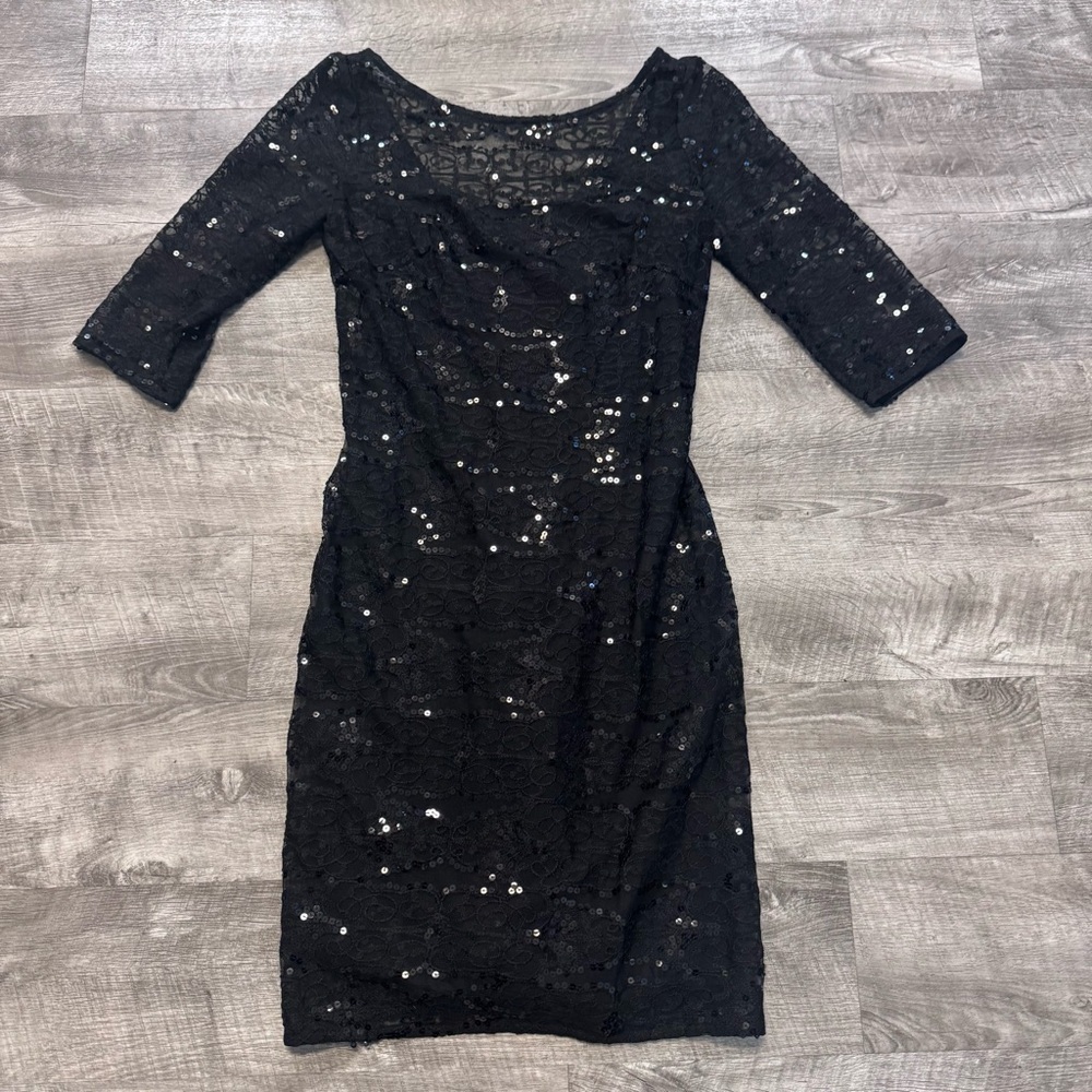 Monique Lhuillier Black Lace Sequin Cocktail Dress 3/4 Sleeve Womens Sz. 4